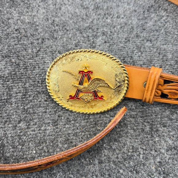 Vintage Looper Tooled Leather Belt Anheuser Busch Eagle Brass Buckle Size 46
